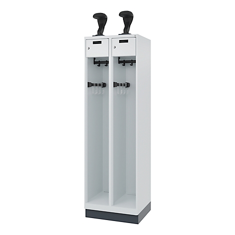 White cabinet with two compartments, each with a holder for headwear at the top, hooks and rods below.