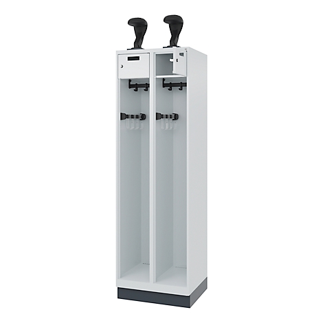 White locker with black hooks and attachments. Two black structures on top.