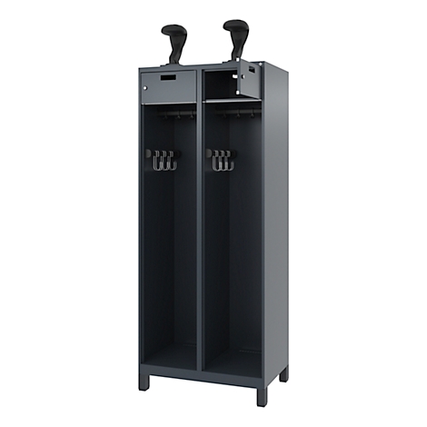 Dark gray locker with two compartments and hooks for jackets. On top of the cabinet are two black control levers.