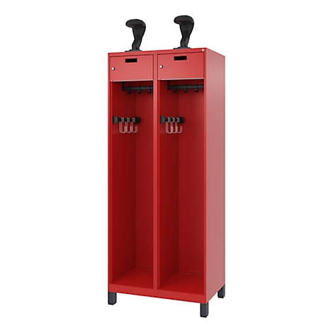 Red cabinet with two compartments, black hooks, and two black holders.