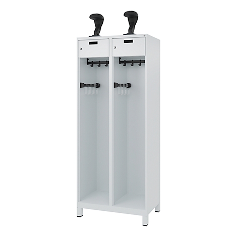 White, two-door locker with hooks, knobs and two black handles.