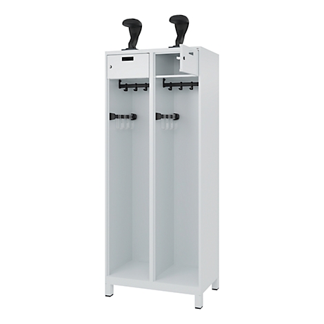 White locker with two compartments, hooks, two helmets and drawers.