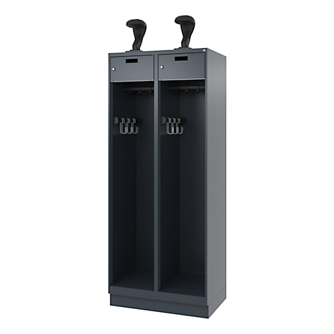 Dark gray locker with two compartments. Two black helmets are on the compartments. There are clothes hooks in the compartments.