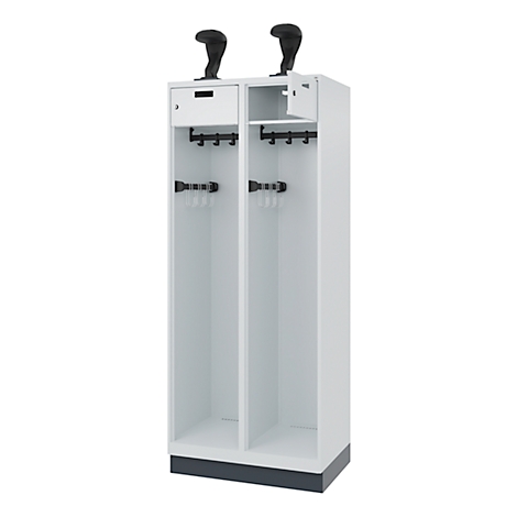 White locker with two compartments. Hook strips, drawer and brackets. Ski holders on top.