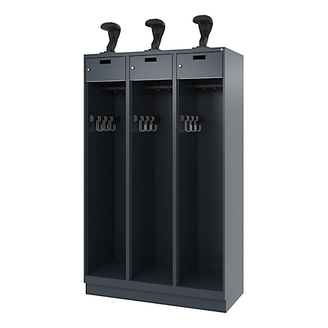 Dark gray locker with three compartments, each with a holder for a golf club at the top.