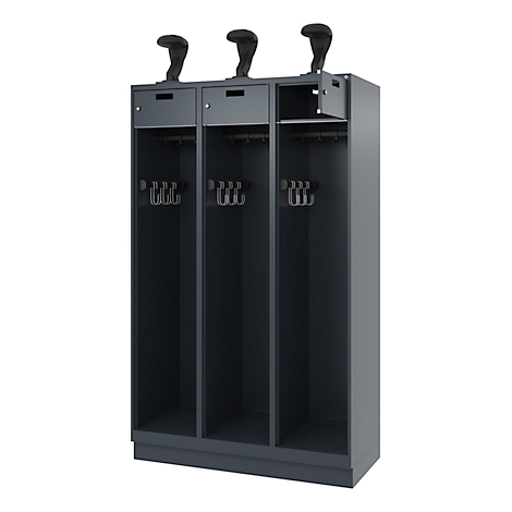 Gray locker with three compartments, three hat racks and coat hooks.