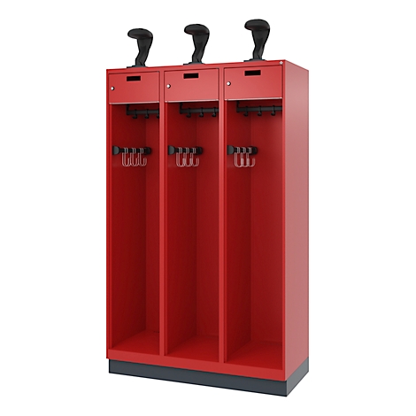 Red cabinet with three compartments, each with a holder for golf clubs and a black handle on top.