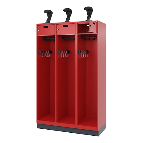 Red locker with three compartments. Black hooks are at the top. Cabinet doors, hooks and shelves.