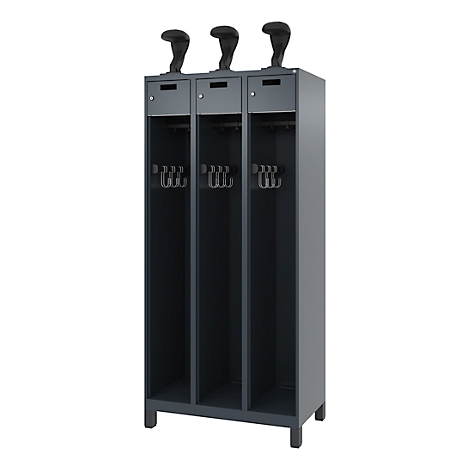 Gray cabinet with three compartments, hook strips and hat racks. Black hats are on the shelves.
