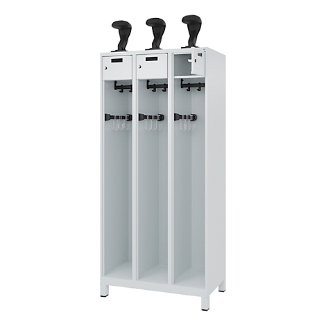 White cabinet with three compartments and hooks, with three black knobs on top.