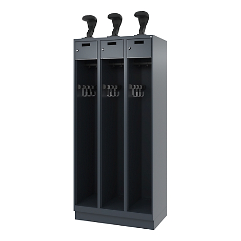 Gray triple divided cabinet with three recesses for golf clubs and hook strips.