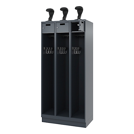 Dark gray locker with three compartments. Golf club holders at the top, hooks for clothes below. One compartment is open.