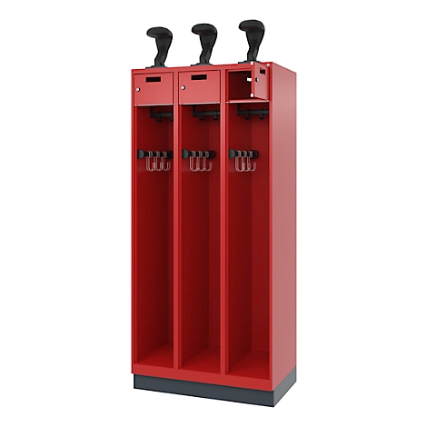 Red locker with three compartments for golf clubs, hooks, and shelves. Black golf club heads on top.
