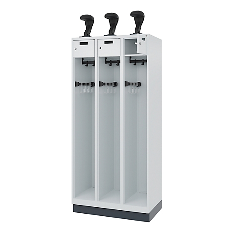 White cabinet with three compartments, each with hooks and storage compartments. At the top are holders for golf clubs.