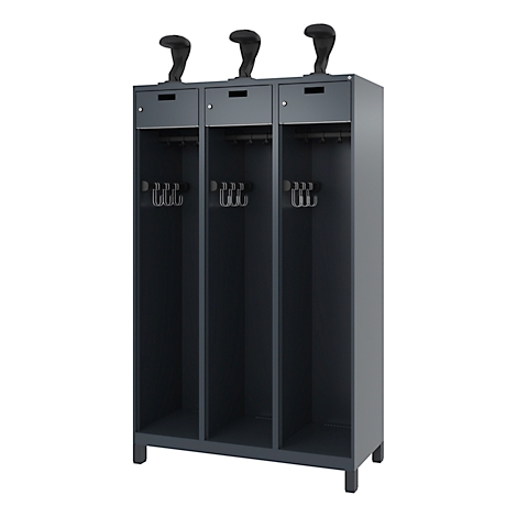 Dark gray cabinet with three compartments, golf club heads on top. Each compartment has hooks for clothes and a shelf.