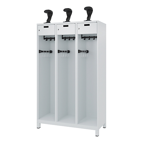 White locker with three compartments, black hooks, drawers, and three boots on top.