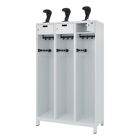 White locker with three compartments, three shoe holders on top, and hooks for hanging.