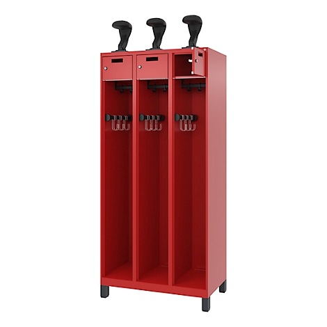 Red locker with three compartments. Black knobs on top, hooks and shelf inside.
