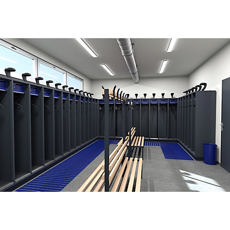 Locker room with lockers, benches and blue floor covering.