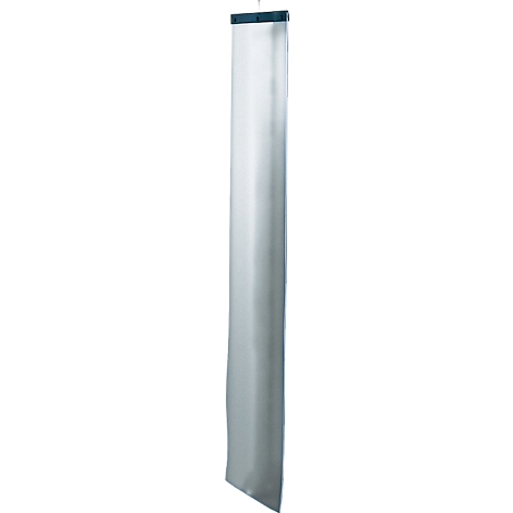Roll-up display, wit, met zwarte bovenrand.