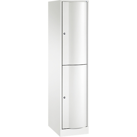 Witte kast met twee deuren. Elke deur heeft een knop.