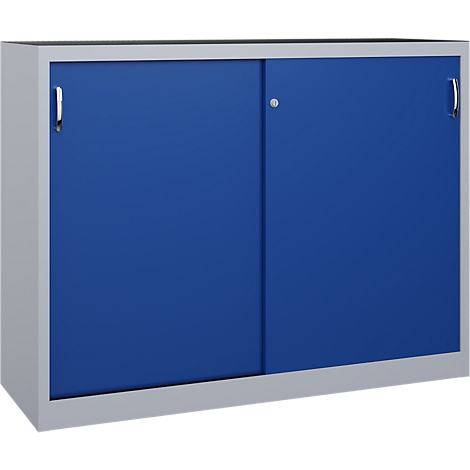 Blauwe metalen kast met een grijs frame en twee schuifdeuren.