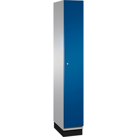 Kast, blauw en grijs, met een kleine knop.