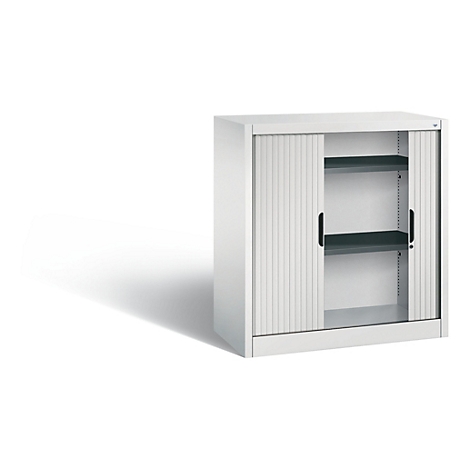 White cabinet with slat doors, open with two shelves. Black handles.