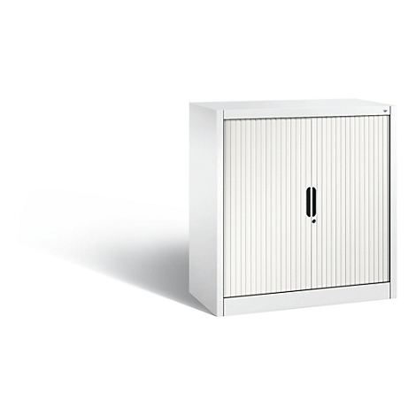 White cabinet with slatted doors and black handle, isolated against a white background.