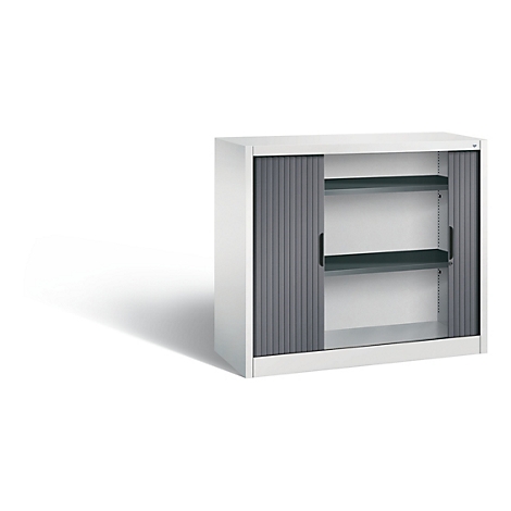 White cabinet with gray tambour doors, two shelves.