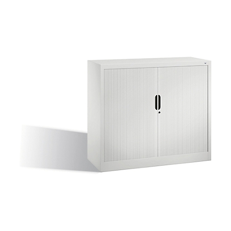 White file cabinet with ribbed doors and black handle.