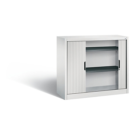 White filing cabinet with roller shutters, two shelves and dark handles.