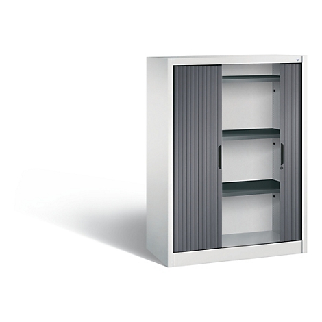 White filing cabinet with grey roller shutters, open with 3 shelves. Shadow on white background.