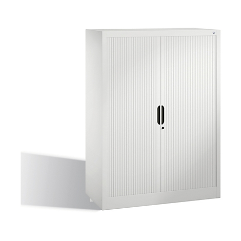 White cabinet with two doors and vertical grooves, black handle. Shadow.