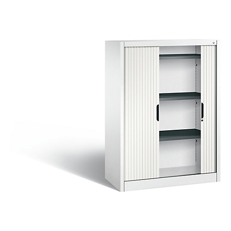 White filing cabinet with roller shutter, open. Dark shelves visible.