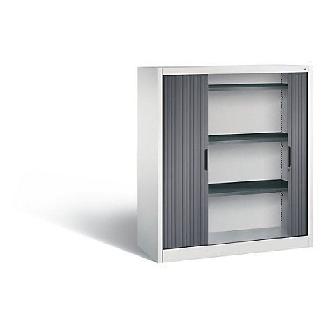 White cabinet with sliding doors, gray slats, three shelves.
