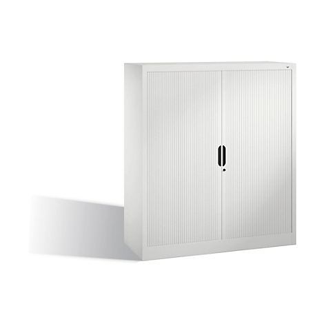 White cabinet with a grooved surface and two doors. Black handle and lock.