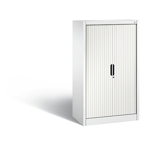 White cabinet with roller shutter, black handle and shadow.