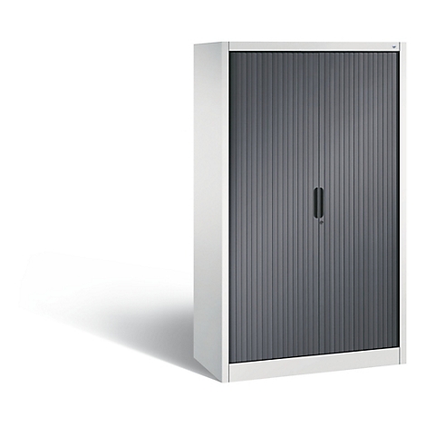 White cabinet with gray roller shutter door and black handle, in front of a white background.