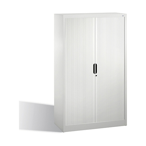 White cabinet with grooved doors and black handle.