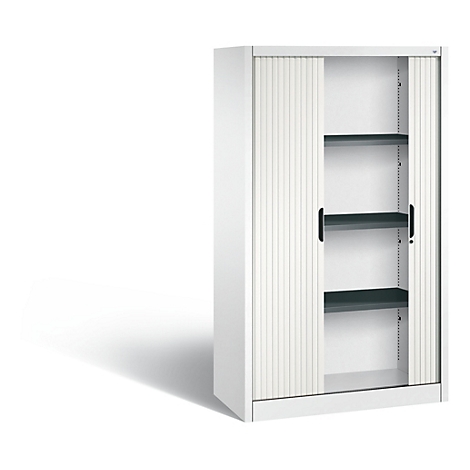 White office cabinet with sliding doors and three shelves. The doors are partially open.