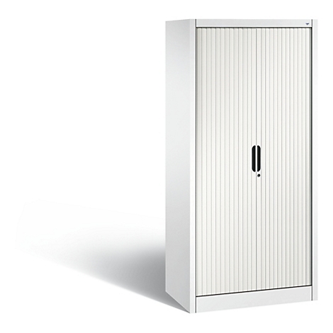 White office cabinet with roller shutter front and handle.