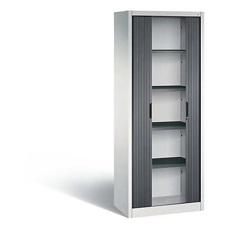 White cabinet with gray tambour doors and four shelves. On a light background.