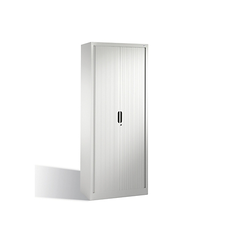Tall, grey steel cabinet with slatted front and two narrow handles.