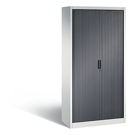 Grey roller shutter cabinet with black handle on a white background.