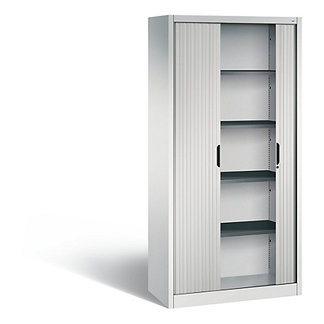 White cabinet with roller shutter and open shelves. Black handles and gray shelves.
