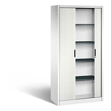 White filing cabinet with roller shutters, some shelves are visible.