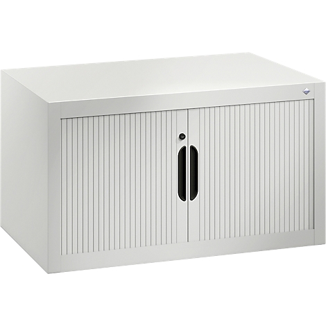 White cabinet with ribbed doors and black handles.