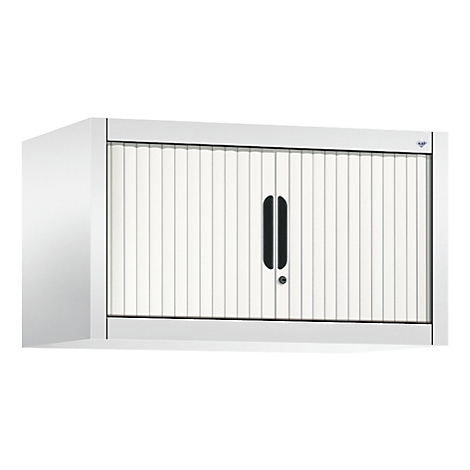 White wall cabinet with slatted door, two black handles and a lock.