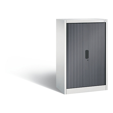 Een witte kast met een grijze rolluikvoorkant en handvat.